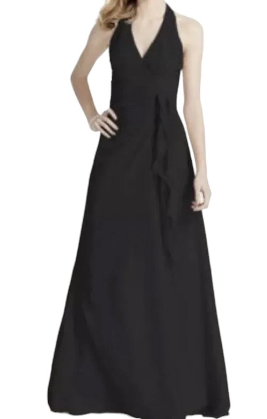 Davids Bridal Soft Crinkle Chiffon Halter Draped Cascade Dress Size 2 Black